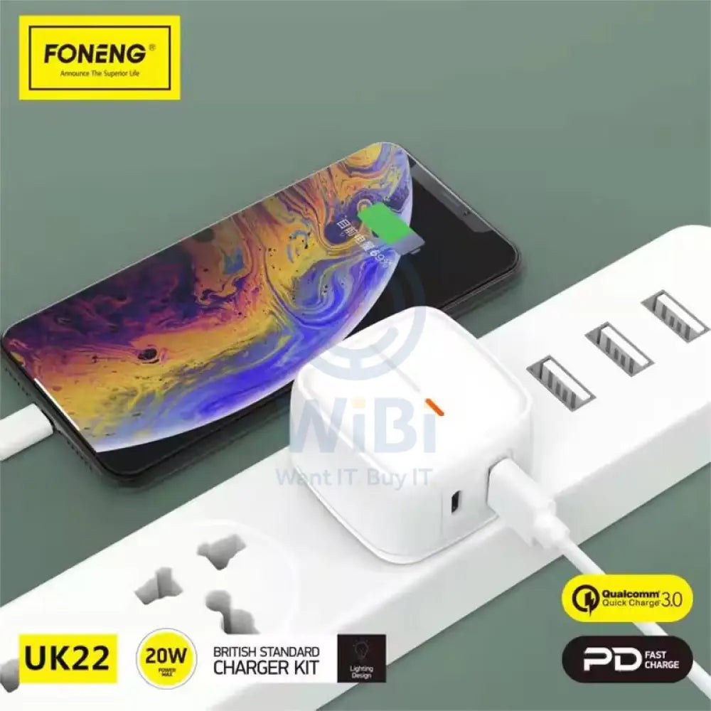 Foneng Fast Charger - UK22 / Type-C / Qc + PD / 20W / White Accessories > Power Adapters