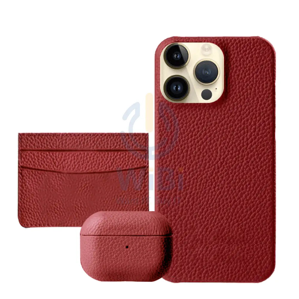 Gift Set Leather Case iPhone 14 Pro- Airpod 3 - Wallet - RED Accessories > Mobiles & Tablets