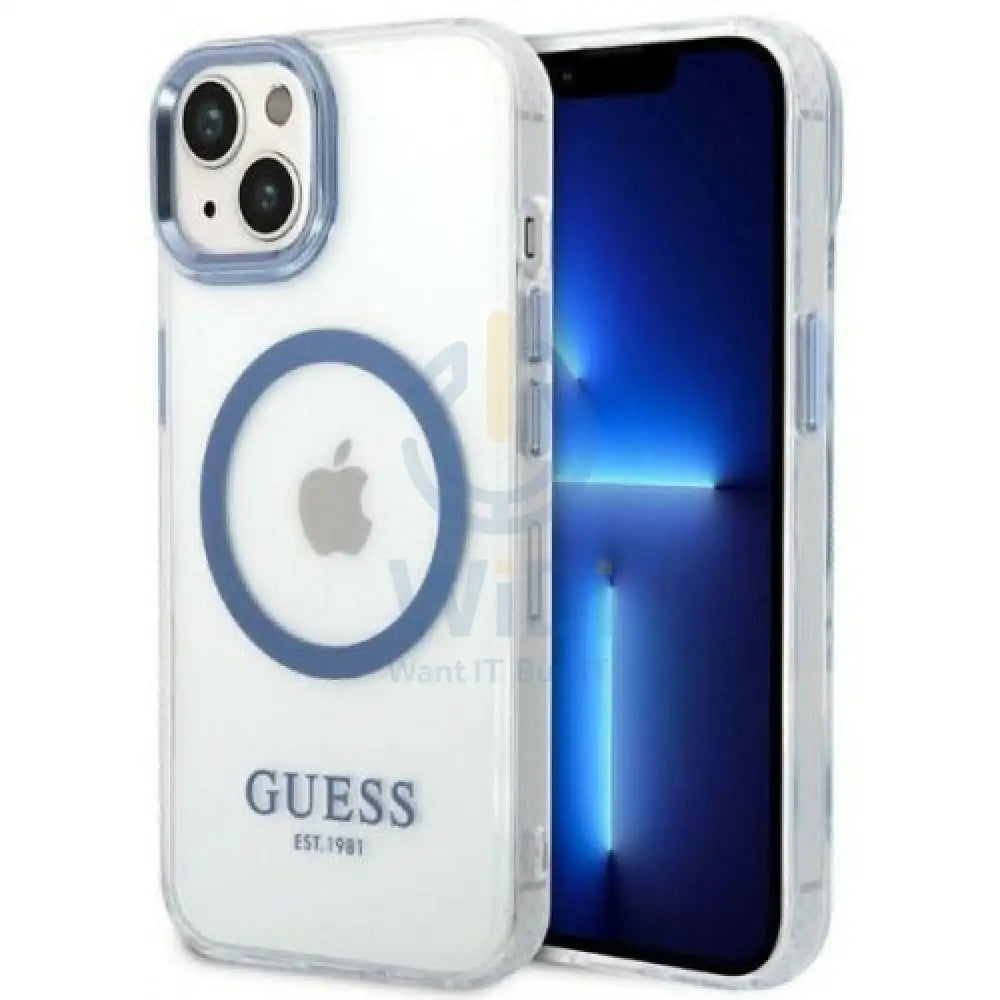 Guess Apple iPhone 14 Plus Magsafe Compatible Translucent Blue Outline & Logo - Blue Accessories > Mobiles & Tablets >