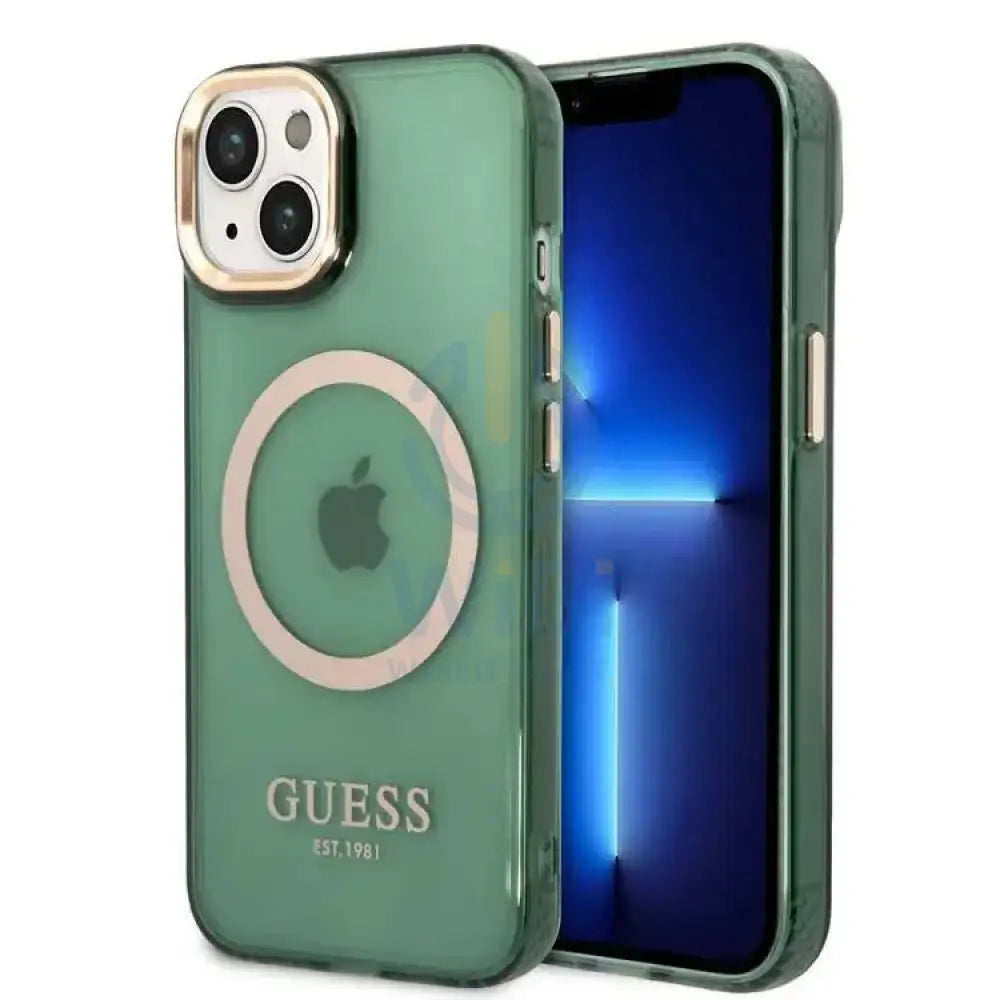 Guess Apple iPhone 14 Plus Magsafe Compatible Translucent Gold Outline & Logo - Green Accessories > Mobiles & Tablets >