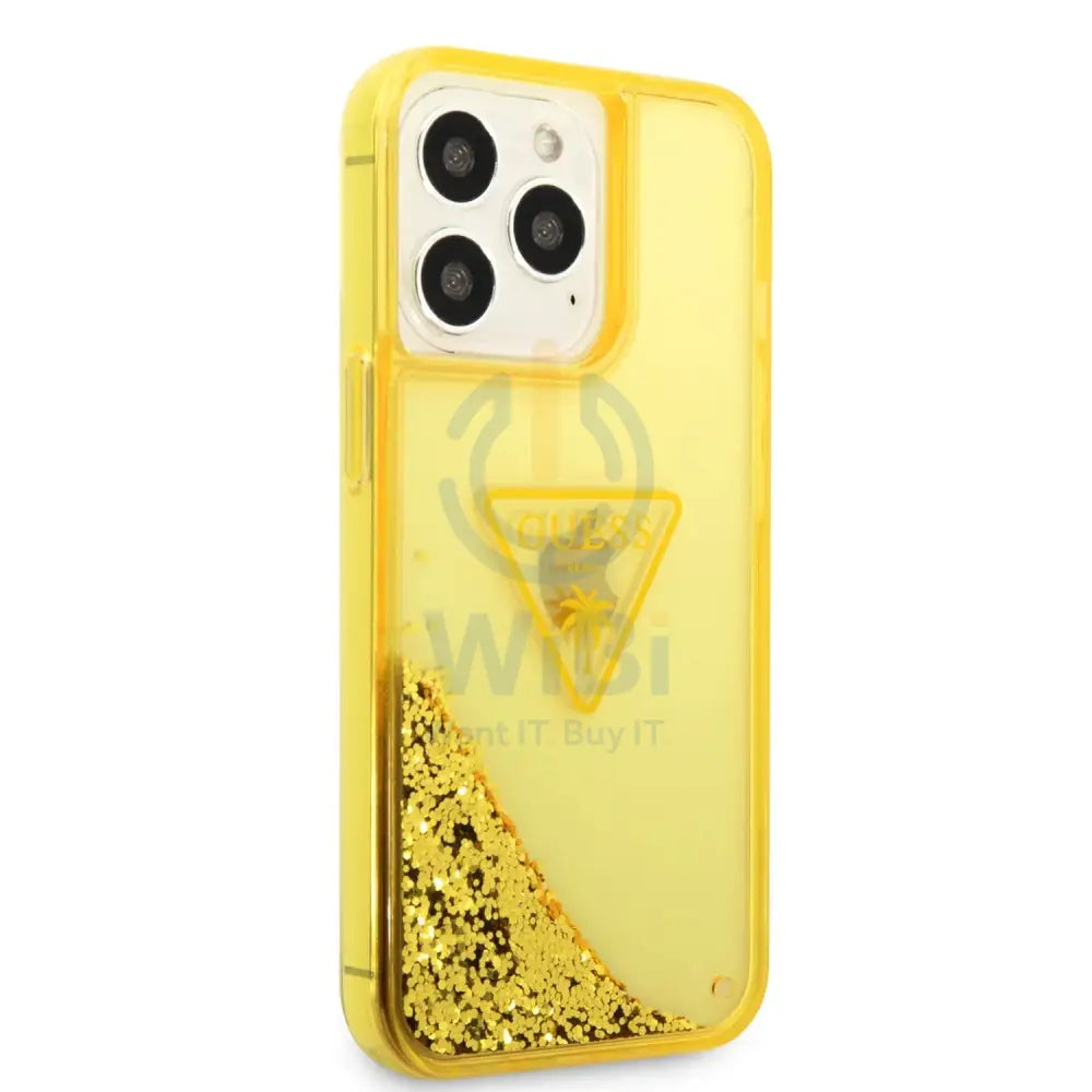 Guess Apple iPhone 14 Pro Liquid Glitter Case With Translucent Triangle Logo - Yellow Accessories > Mobiles & Tablets >
