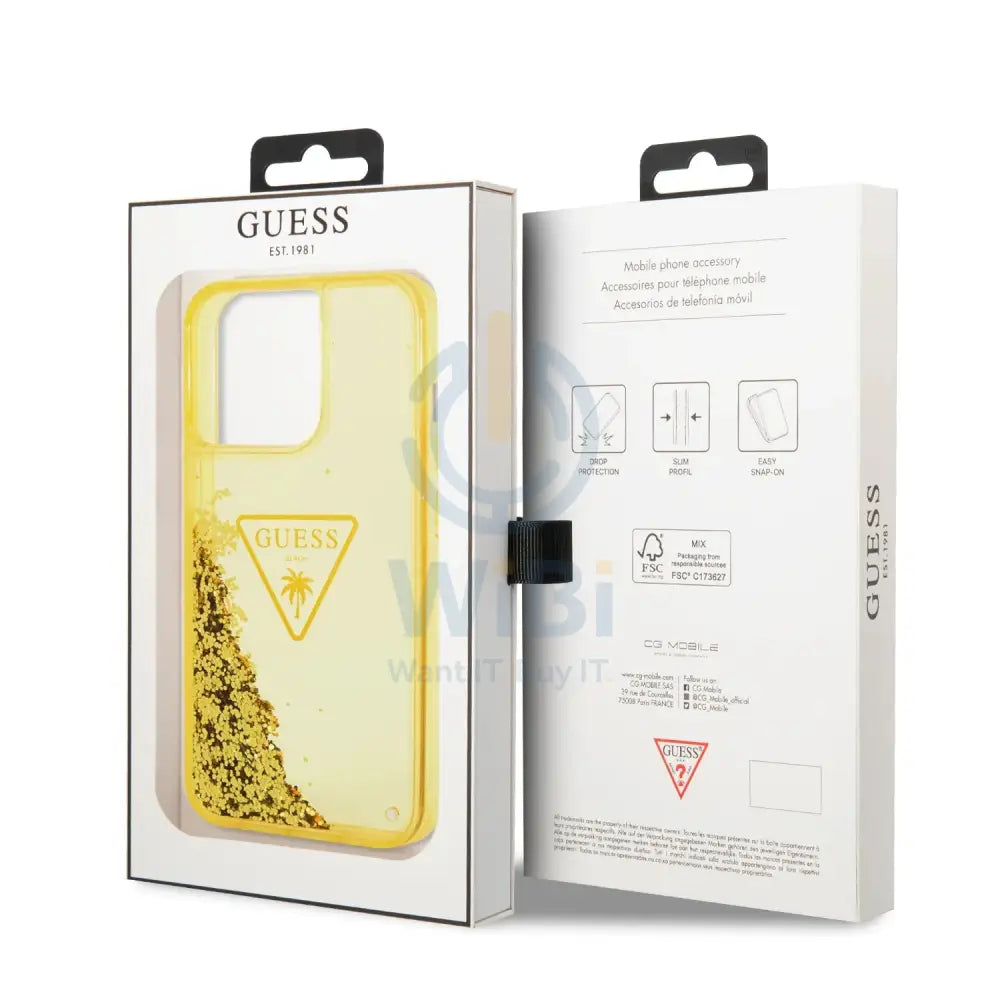 Guess Apple iPhone 14 Pro Liquid Glitter Case With Translucent Triangle Logo - Yellow Accessories > Mobiles & Tablets >