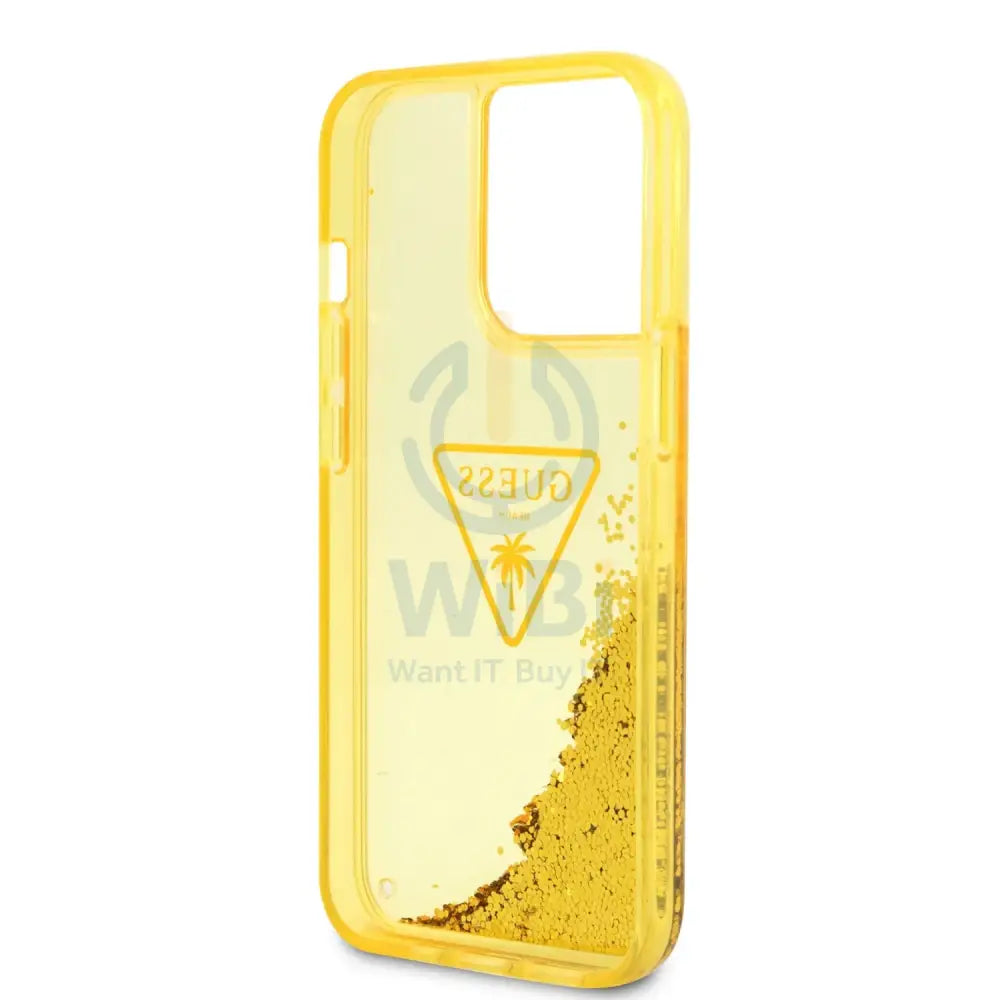 Guess Apple iPhone 14 Pro Liquid Glitter Case With Translucent Triangle Logo - Yellow Accessories > Mobiles & Tablets >