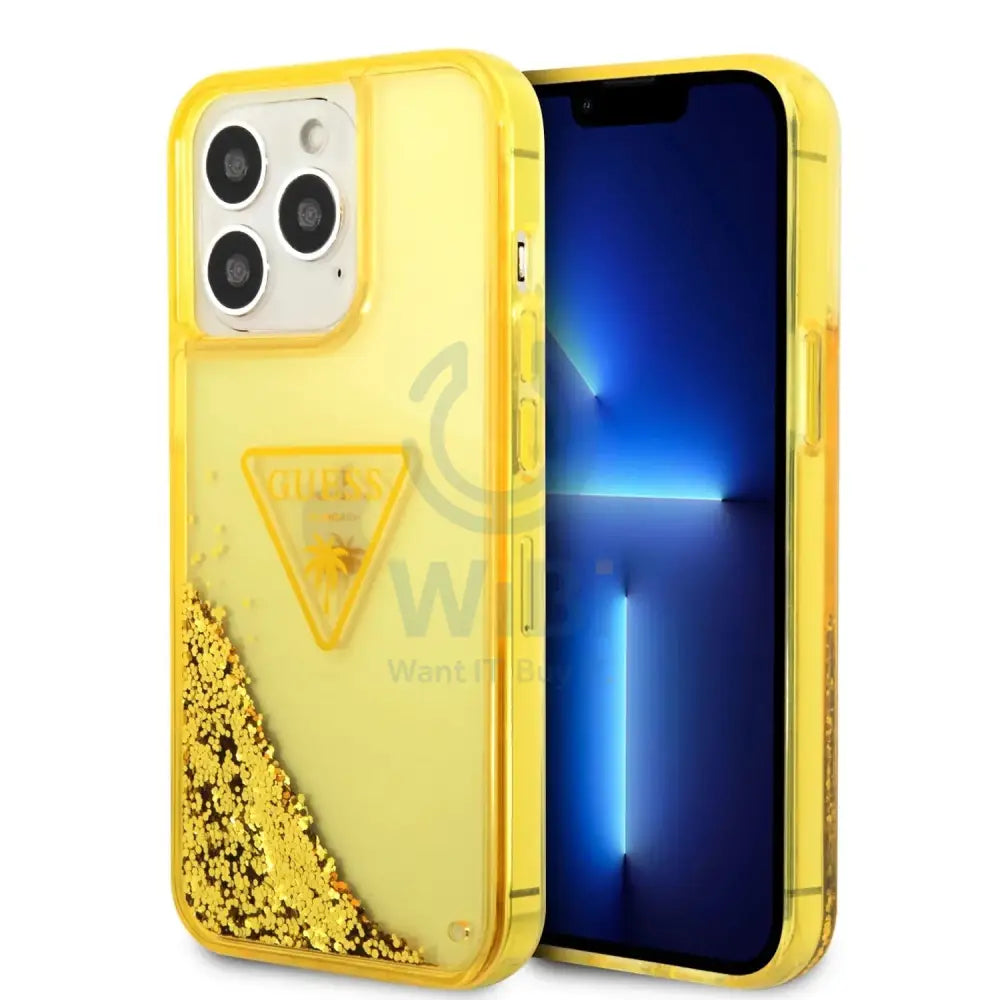 Guess Apple iPhone 14 Pro Liquid Glitter Case With Translucent Triangle Logo - Yellow Accessories > Mobiles & Tablets >