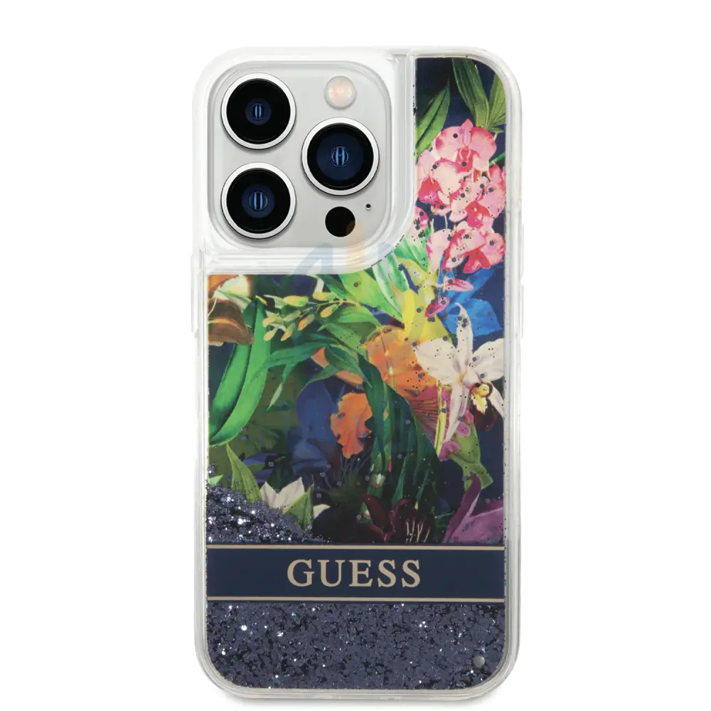 Guess Apple iPhone 14 Pro Liquid Glitter Flower Case - Blue Accessories > Mobiles & Tablets > Mobiles