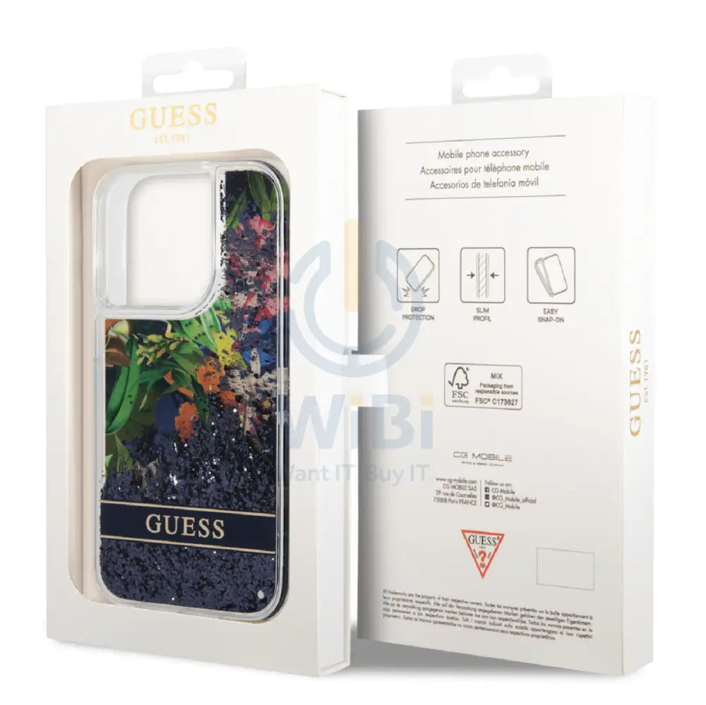 Guess Apple iPhone 14 Pro Liquid Glitter Flower Case - Blue Accessories > Mobiles & Tablets > Mobiles