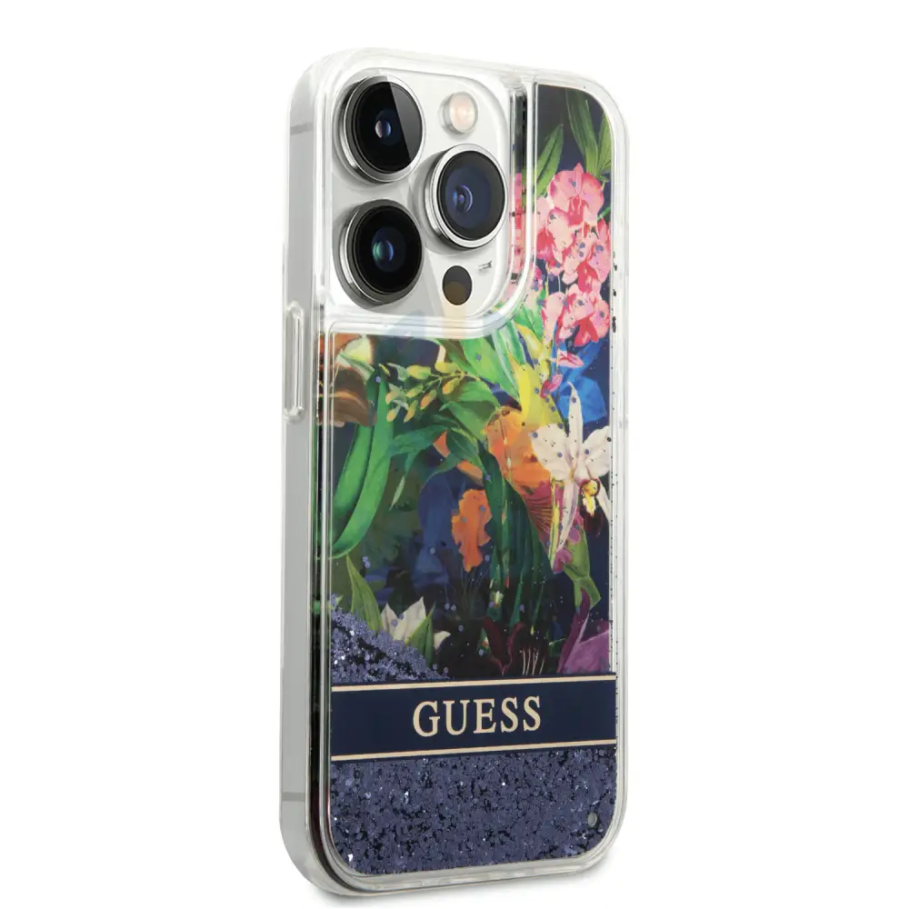 Guess Apple iPhone 14 Pro Liquid Glitter Flower Case - Blue Accessories > Mobiles & Tablets > Mobiles
