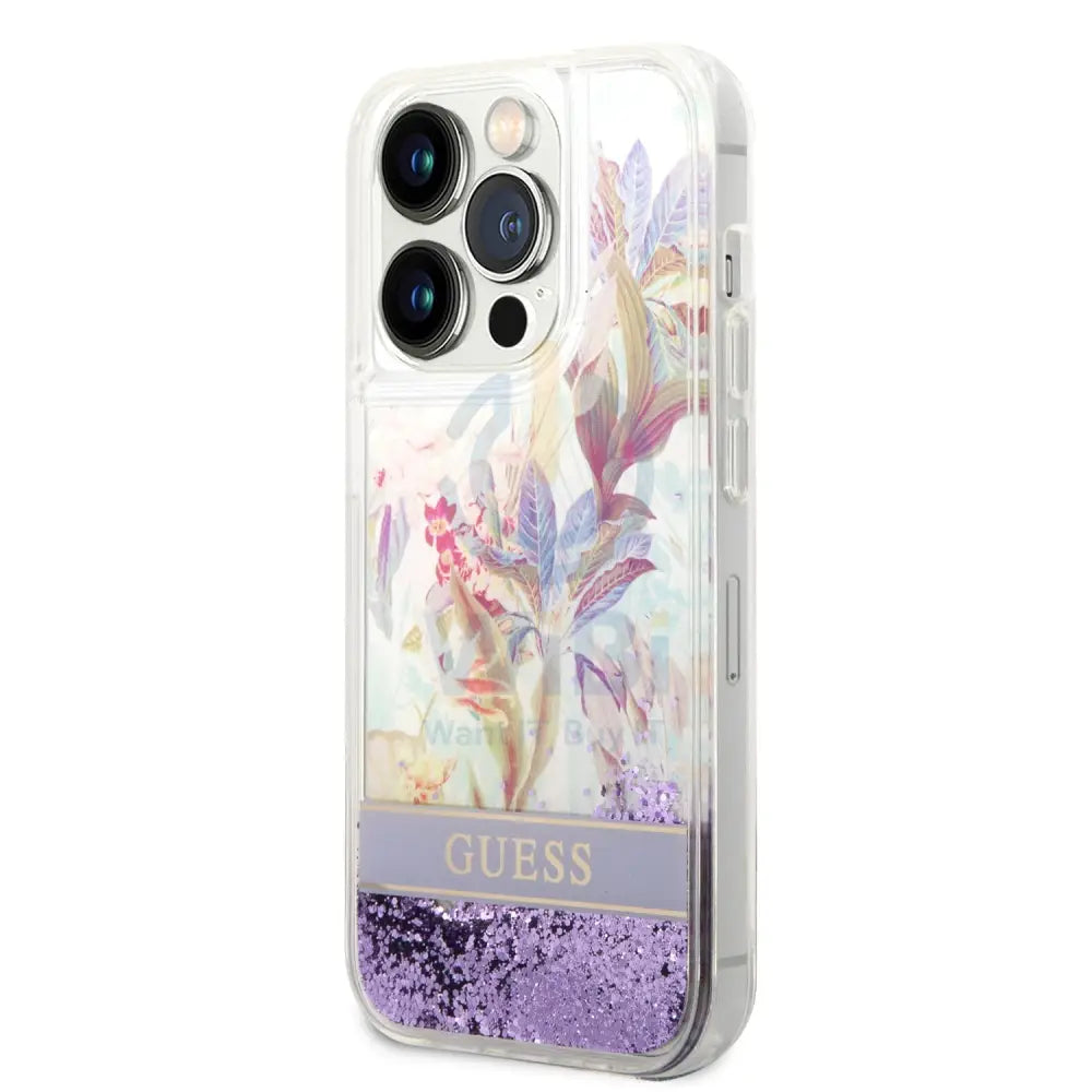 Guess Apple iPhone 14 Pro Liquid Glitter Flower Case - Purple Accessories > Mobiles & Tablets > Mobiles