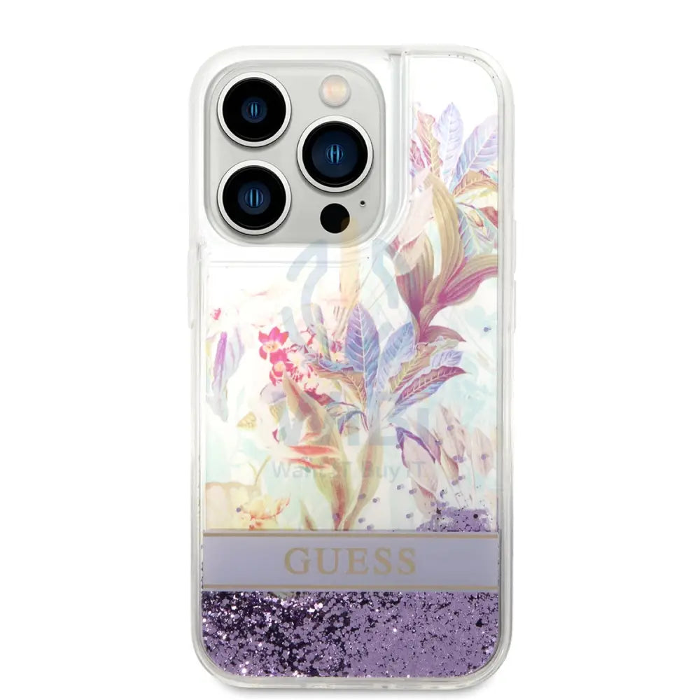 Guess Apple iPhone 14 Pro Liquid Glitter Flower Case - Purple Accessories > Mobiles & Tablets > Mobiles