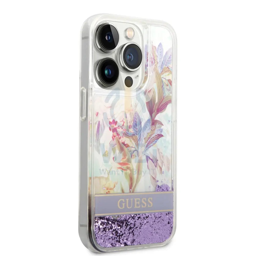 Guess Apple iPhone 14 Pro Liquid Glitter Flower Case - Purple Accessories > Mobiles & Tablets > Mobiles