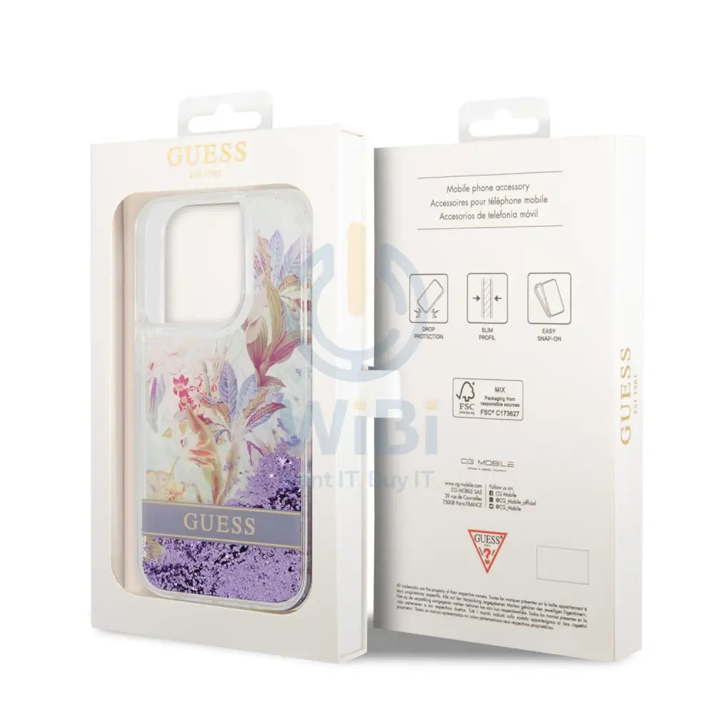 Guess Apple iPhone 14 Pro Liquid Glitter Flower Case - Purple Accessories > Mobiles & Tablets > Mobiles