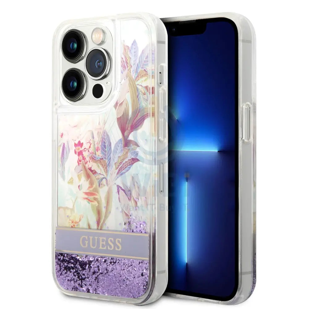 Guess Apple iPhone 14 Pro Liquid Glitter Flower Case - Purple Accessories > Mobiles & Tablets > Mobiles