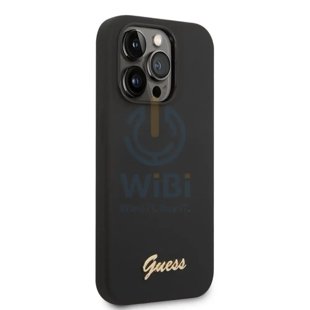 Guess Apple iPhone 14 Pro Liquid Silicone Case with PC Camera Outline & Script Metal Logo - Black Accessories > Mobiles