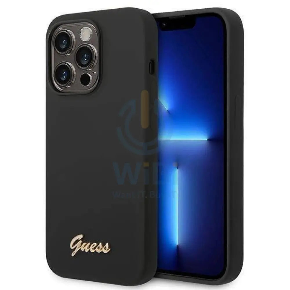 Guess Apple iPhone 14 Pro Liquid Silicone Case with PC Camera Outline & Script Metal Logo - Black Accessories > Mobiles