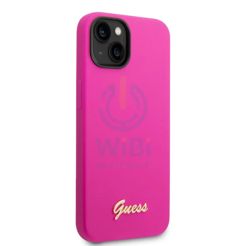 Guess Apple iPhone 14 Pro Liquid Silicone Case with PC Camera Outline & Script Metal Logo - Fuschia Accessories >