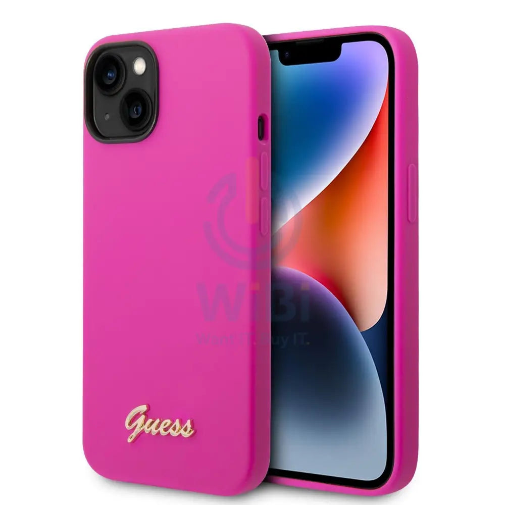 Guess Apple iPhone 14 Pro Liquid Silicone Case with PC Camera Outline & Script Metal Logo - Fuschia Accessories >