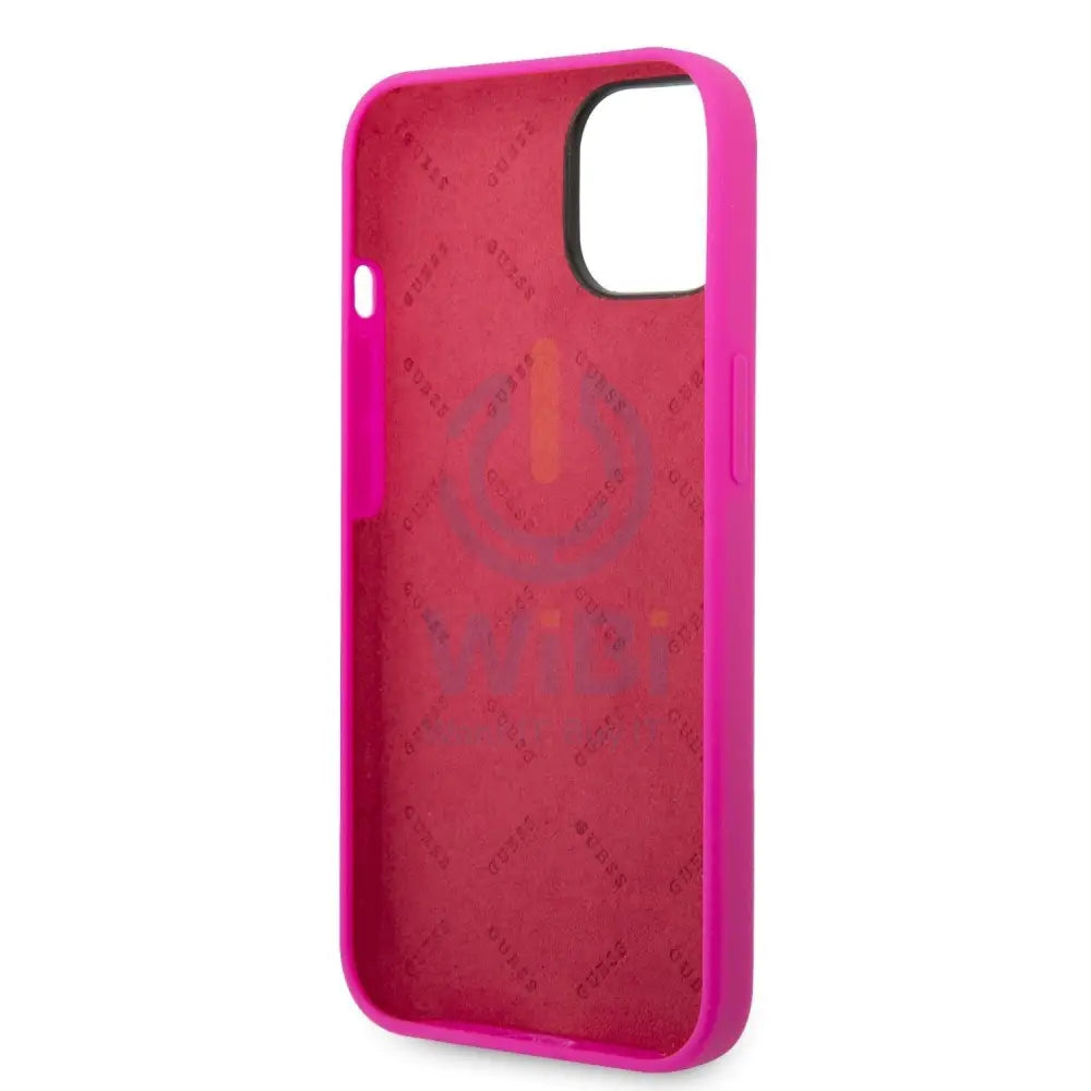 Guess Apple iPhone 14 Pro Liquid Silicone Case with PC Camera Outline & Script Metal Logo - Fuschia Accessories >