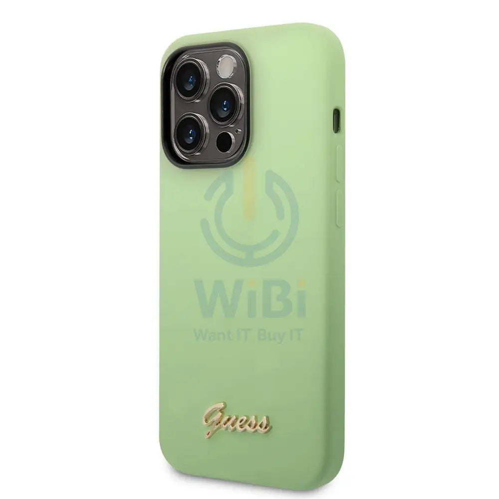Guess Apple iPhone 14 Pro Liquid Silicone Case with PC Camera Outline & Script Metal Logo - Green Accessories > Mobiles
