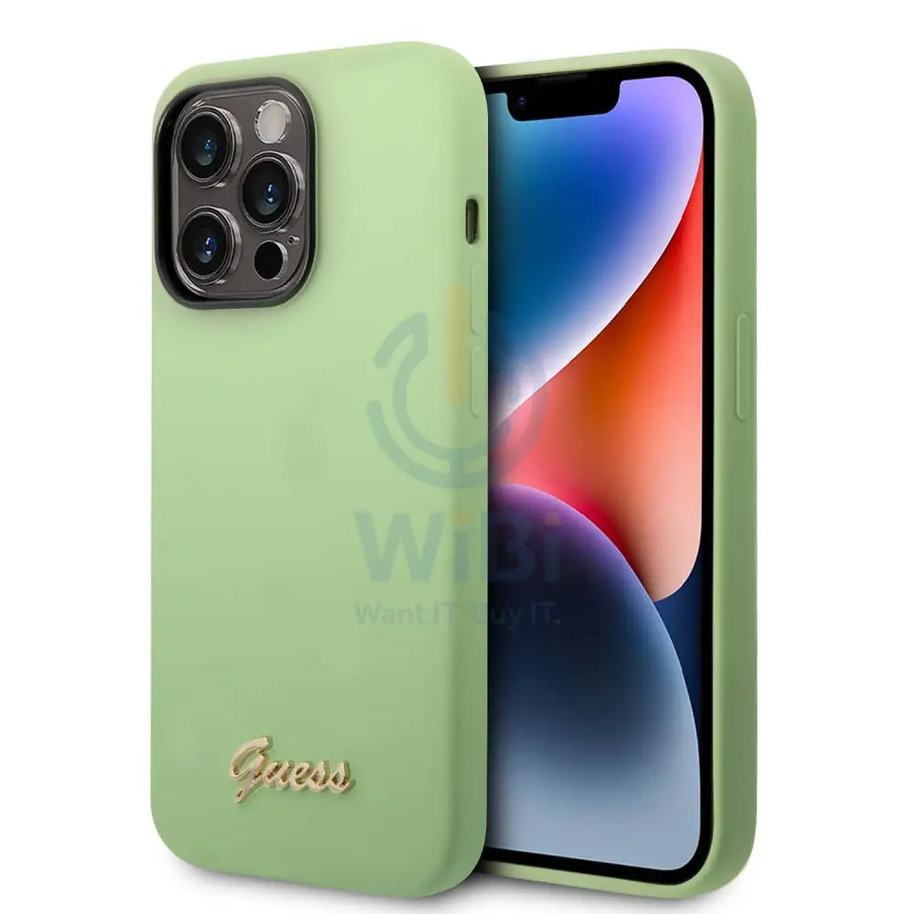Guess Apple iPhone 14 Pro Liquid Silicone Case with PC Camera Outline & Script Metal Logo - Green Accessories > Mobiles