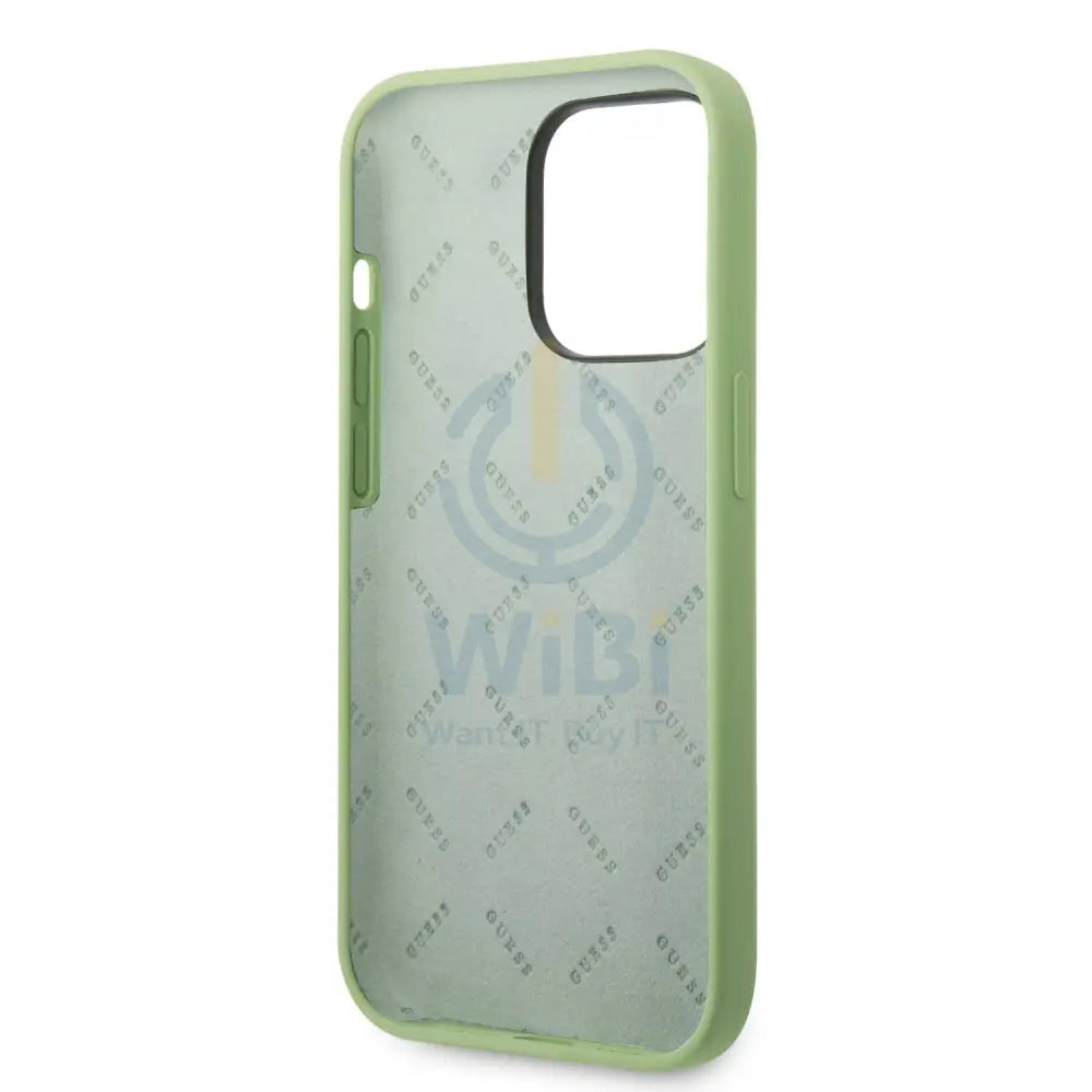 Guess Apple iPhone 14 Pro Liquid Silicone Case with PC Camera Outline & Script Metal Logo - Green Accessories > Mobiles