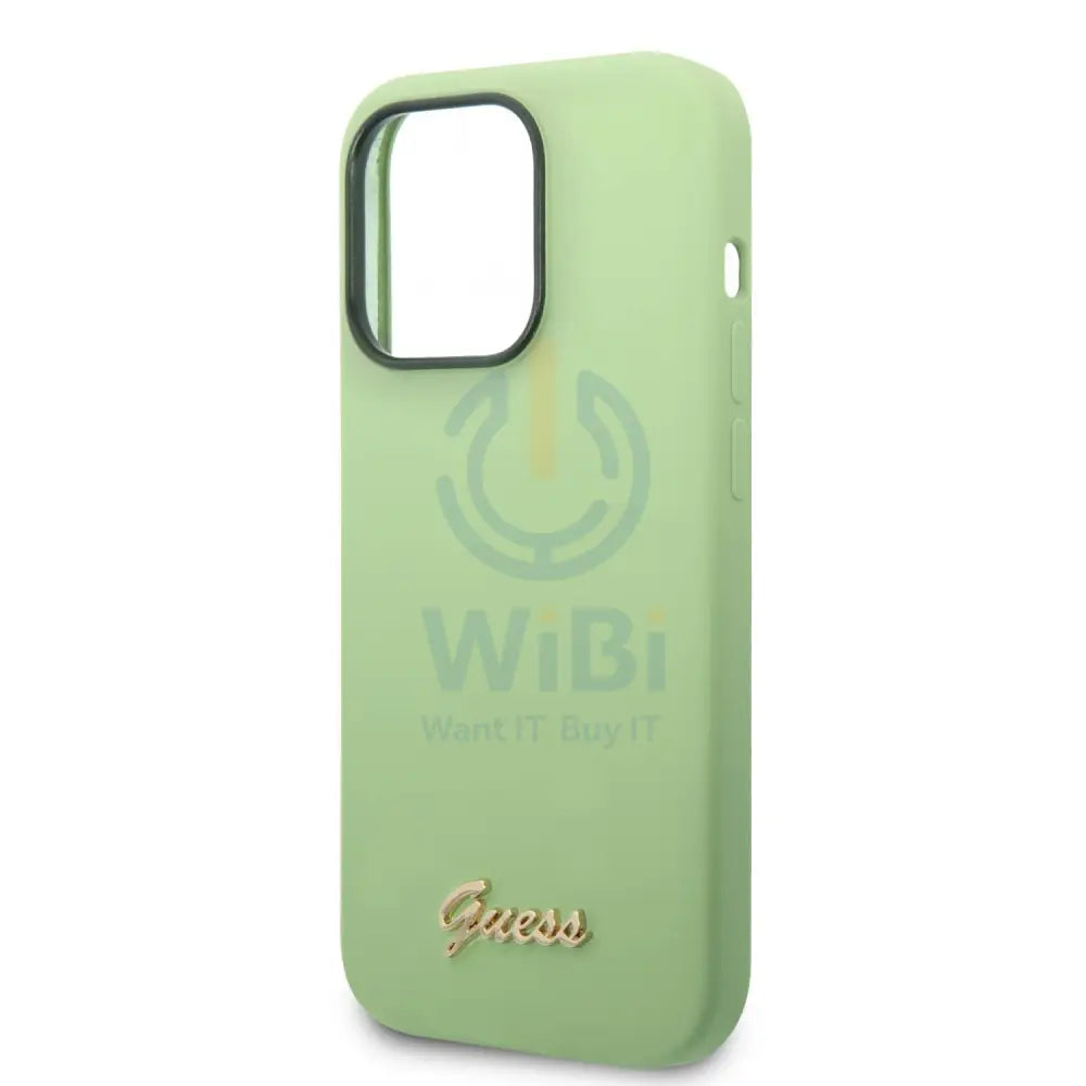 Guess Apple iPhone 14 Pro Liquid Silicone Case with PC Camera Outline & Script Metal Logo - Green Accessories > Mobiles