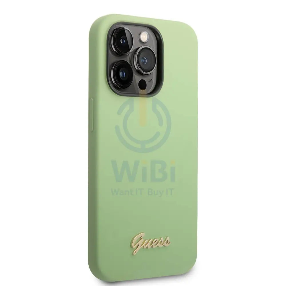 Guess Apple iPhone 14 Pro Liquid Silicone Case with PC Camera Outline & Script Metal Logo - Green Accessories > Mobiles