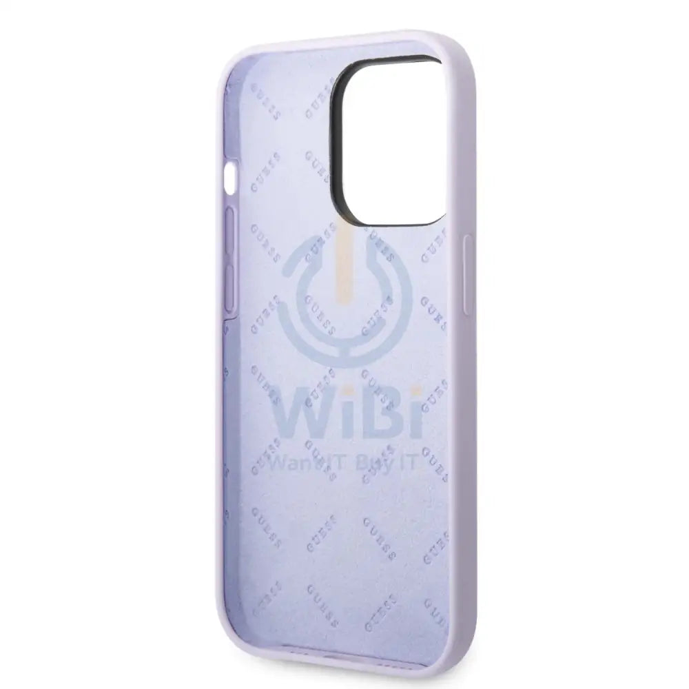 Guess Apple iPhone 14 Pro Liquid Silicone Case with PC Camera Outline & Script Metal Logo - Purple Accessories >