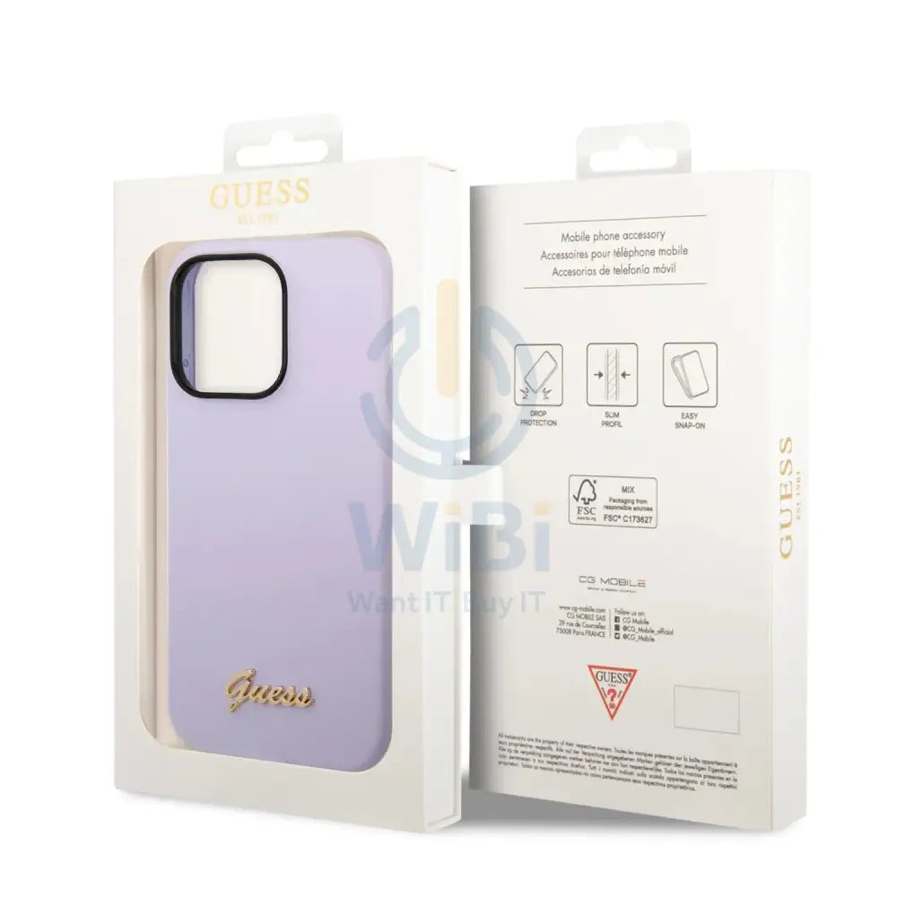Guess Apple iPhone 14 Pro Liquid Silicone Case with PC Camera Outline & Script Metal Logo - Purple Accessories >