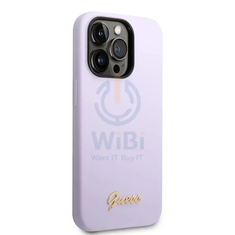 Guess Apple iPhone 14 Pro Liquid Silicone Case with PC Camera Outline & Script Metal Logo - Purple Accessories >