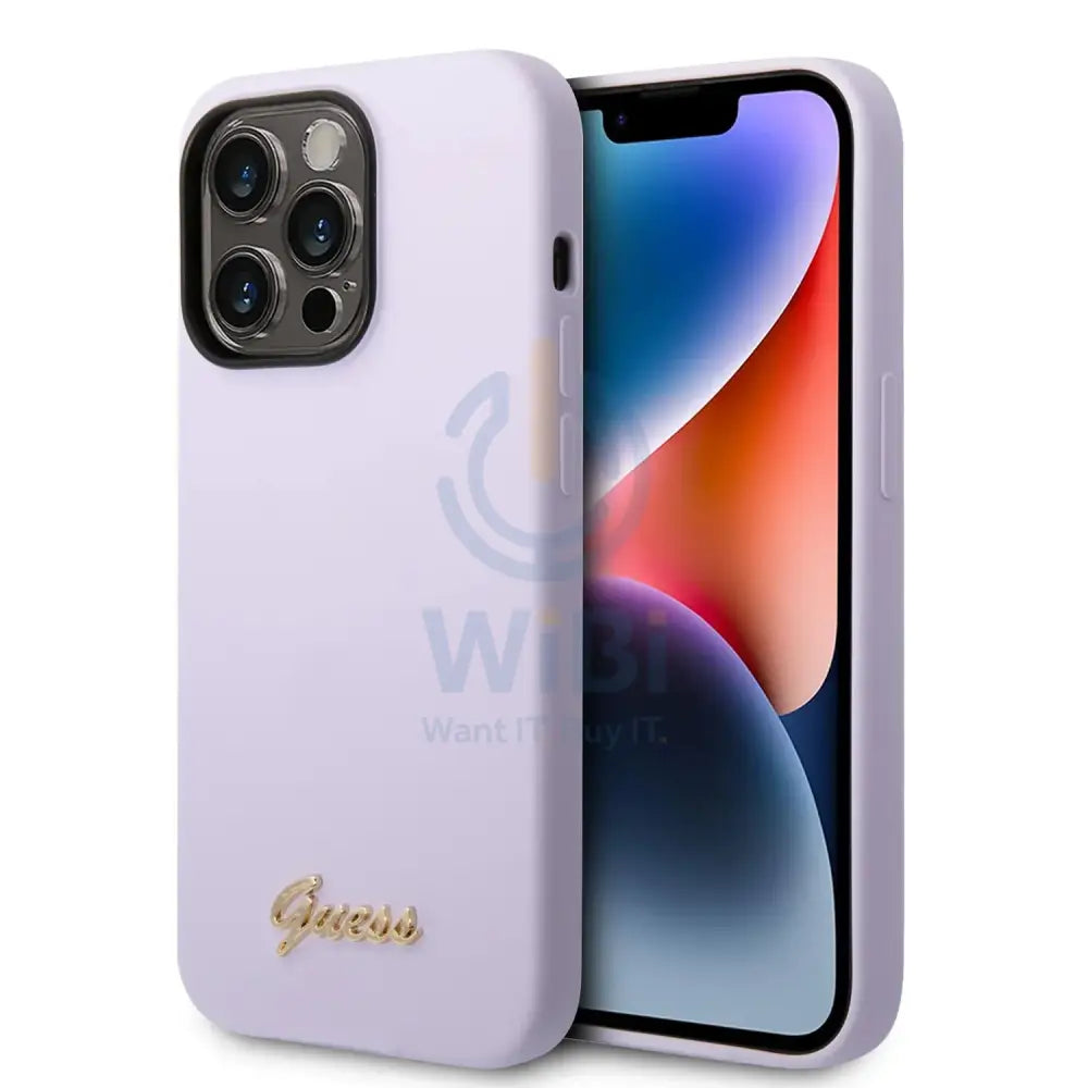 Guess Apple iPhone 14 Pro Liquid Silicone Case with PC Camera Outline & Script Metal Logo - Purple Accessories >