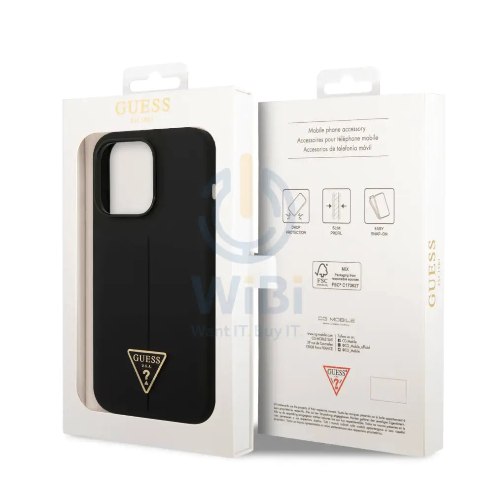 Guess Apple iPhone 14 Pro Liquid Silicone Case With Shiny Line & Metal Triangle Tone Logo- Black Accessories > Mobiles