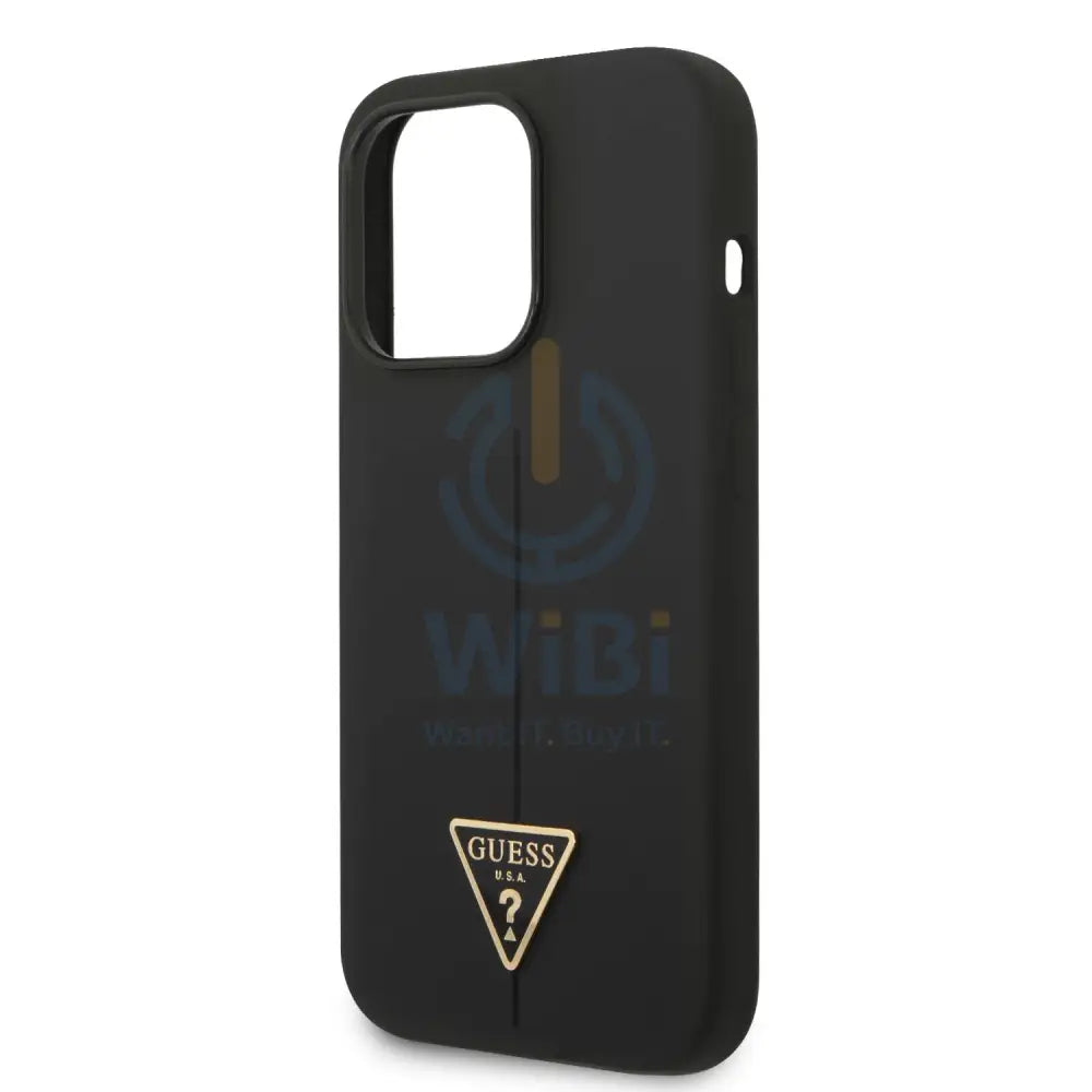 Guess Apple iPhone 14 Pro Liquid Silicone Case With Shiny Line & Metal Triangle Tone Logo- Black Accessories > Mobiles