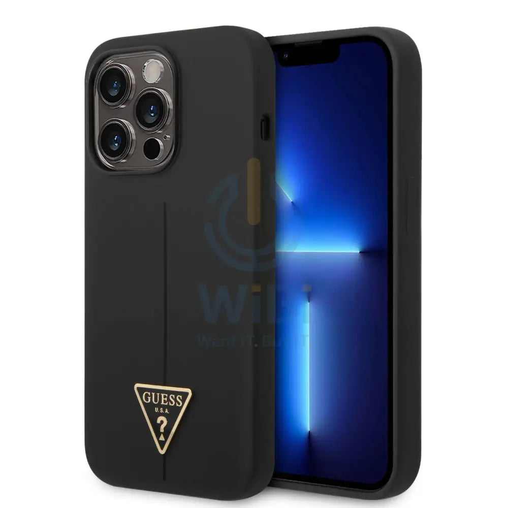 Guess Apple iPhone 14 Pro Liquid Silicone Case With Shiny Line & Metal Triangle Tone Logo- Black Accessories > Mobiles