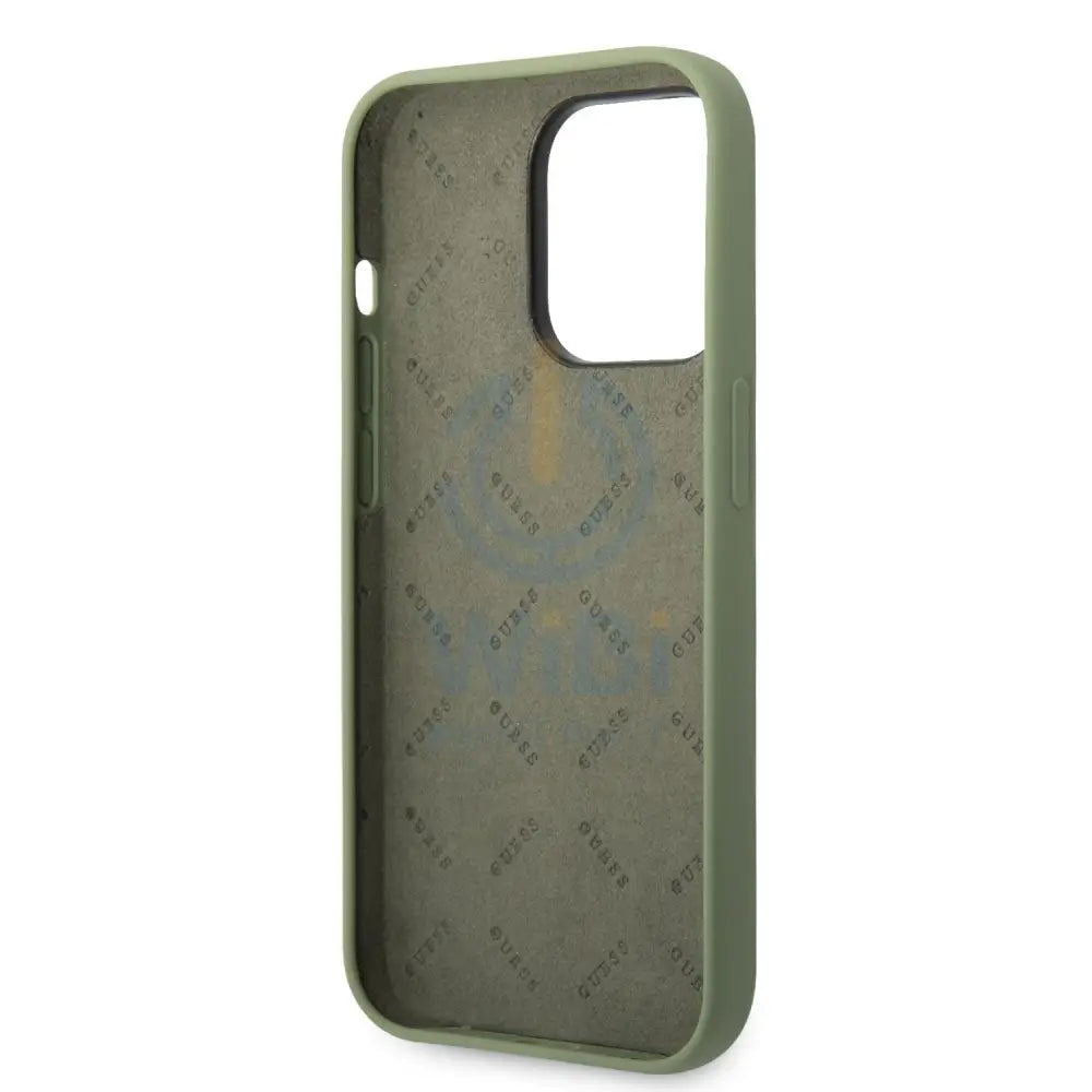 Guess Apple iPhone 14 Pro Liquid Silicone Case With Shiny Line & Metal Triangle Tone Logo - Green Accessories > Mobiles