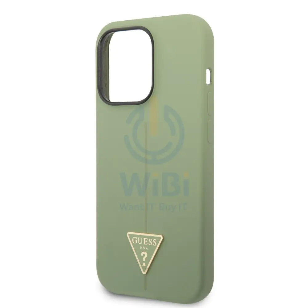 Guess Apple iPhone 14 Pro Liquid Silicone Case With Shiny Line & Metal Triangle Tone Logo - Green Accessories > Mobiles