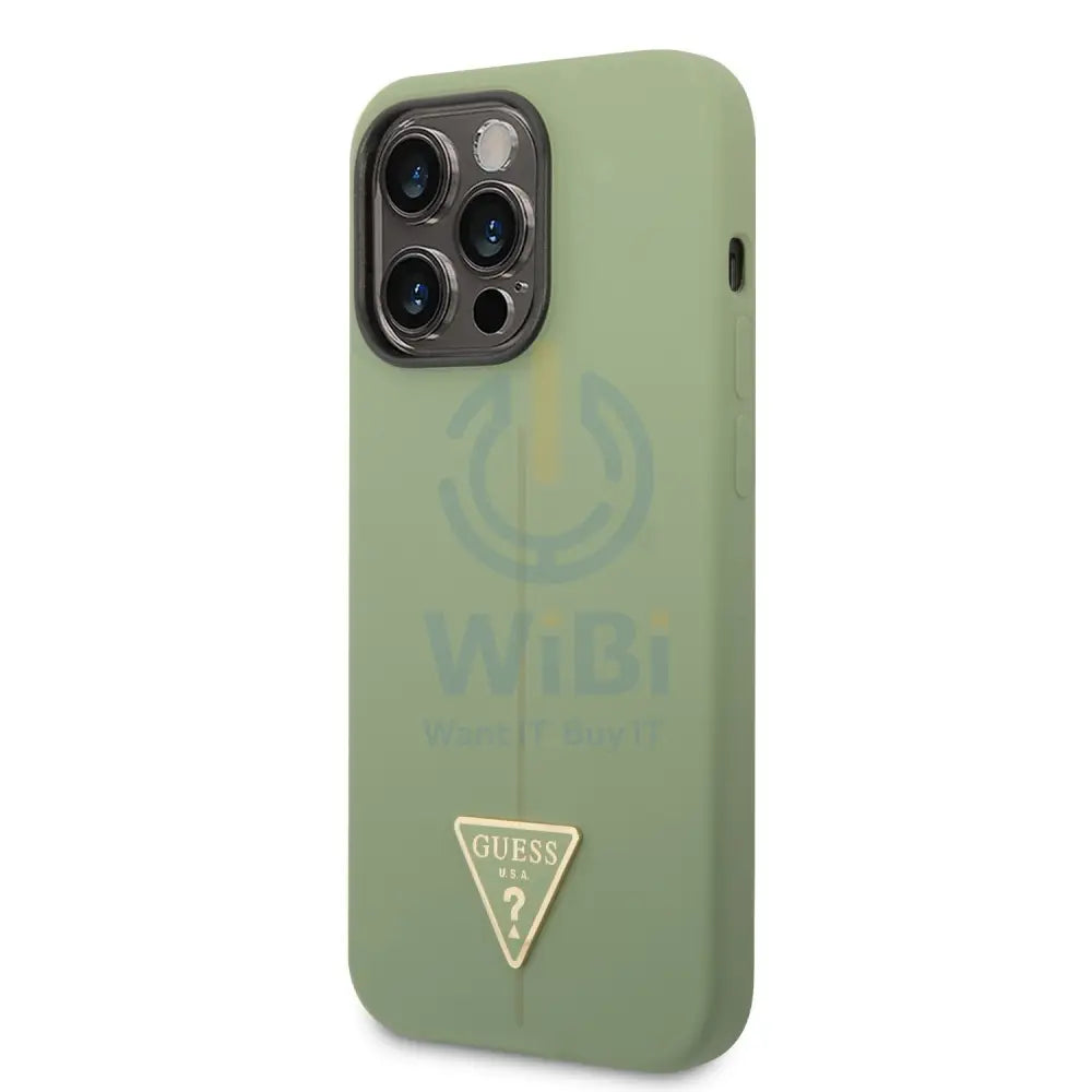 Guess Apple iPhone 14 Pro Liquid Silicone Case With Shiny Line & Metal Triangle Tone Logo - Green Accessories > Mobiles