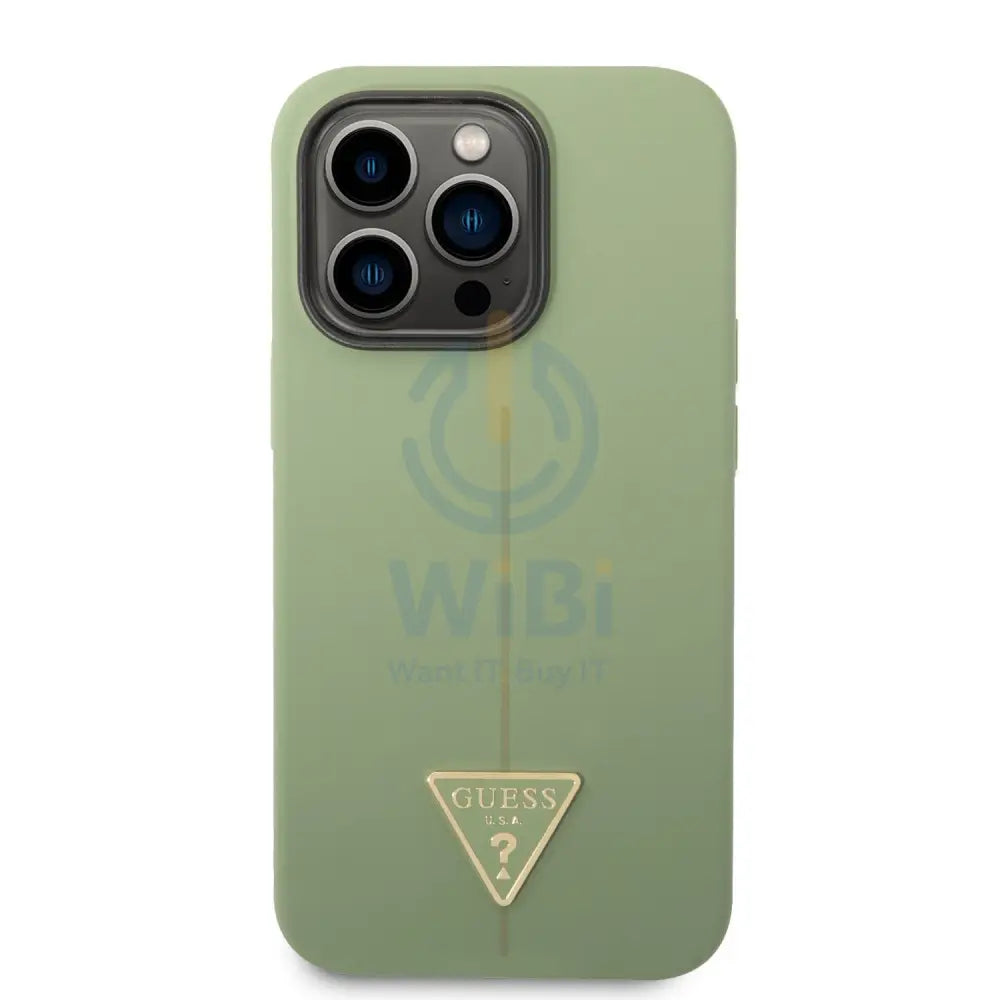 Guess Apple iPhone 14 Pro Liquid Silicone Case With Shiny Line & Metal Triangle Tone Logo - Green Accessories > Mobiles