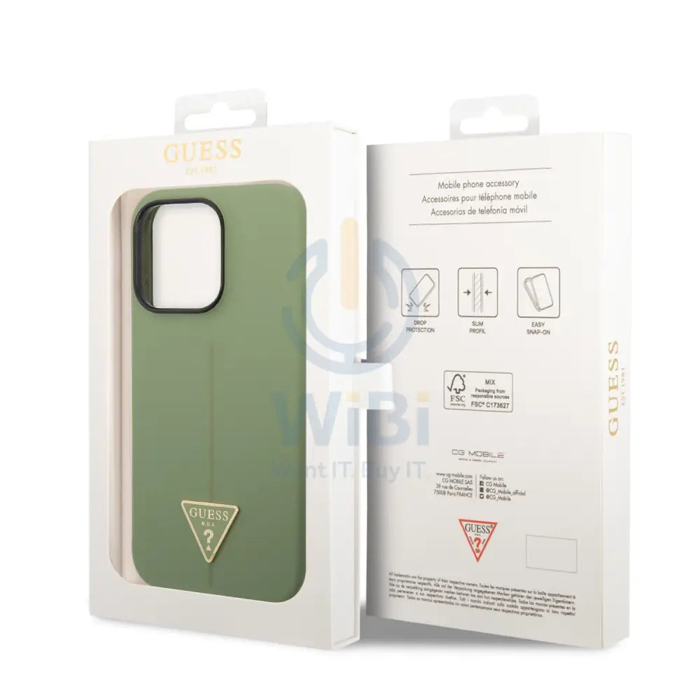 Guess Apple iPhone 14 Pro Liquid Silicone Case With Shiny Line & Metal Triangle Tone Logo - Green Accessories > Mobiles