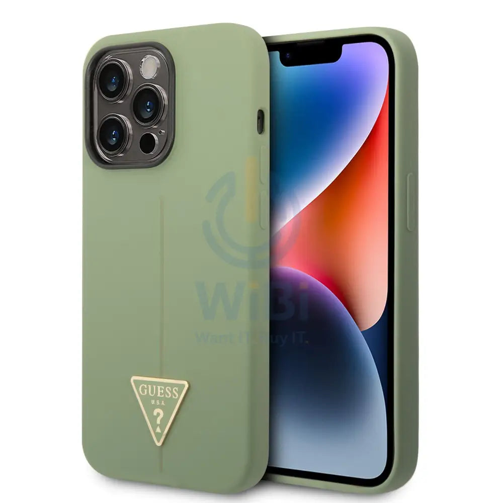 Guess Apple iPhone 14 Pro Liquid Silicone Case With Shiny Line & Metal Triangle Tone Logo - Green Accessories > Mobiles