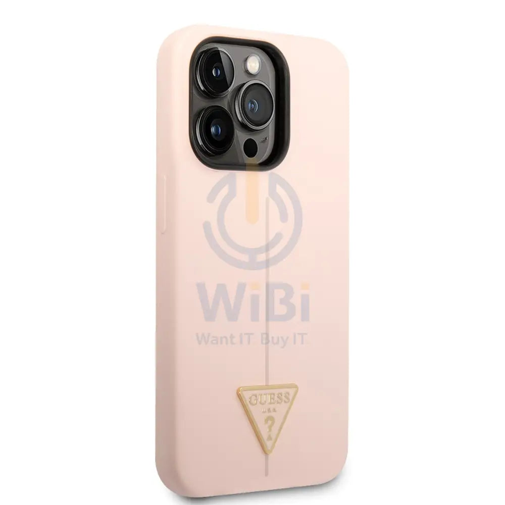 Guess Apple iPhone 14 Pro Liquid Silicone Case With Shiny Line & Metal Triangle Tone Logo - Pink Accessories > Mobiles