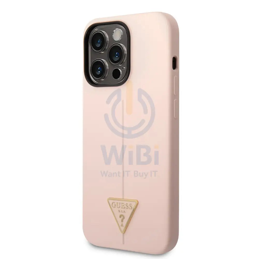 Guess Apple iPhone 14 Pro Liquid Silicone Case With Shiny Line & Metal Triangle Tone Logo - Pink Accessories > Mobiles