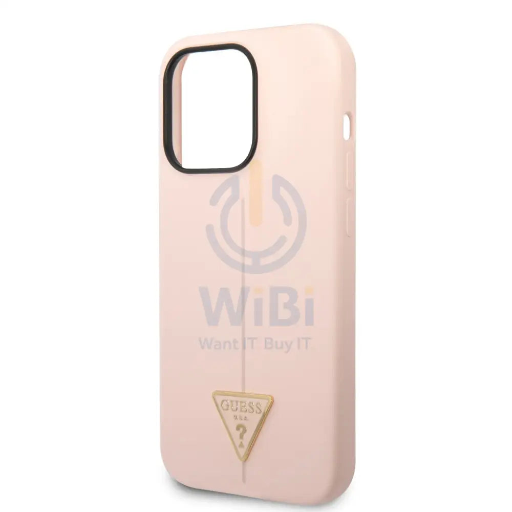 Guess Apple iPhone 14 Pro Liquid Silicone Case With Shiny Line & Metal Triangle Tone Logo - Pink Accessories > Mobiles