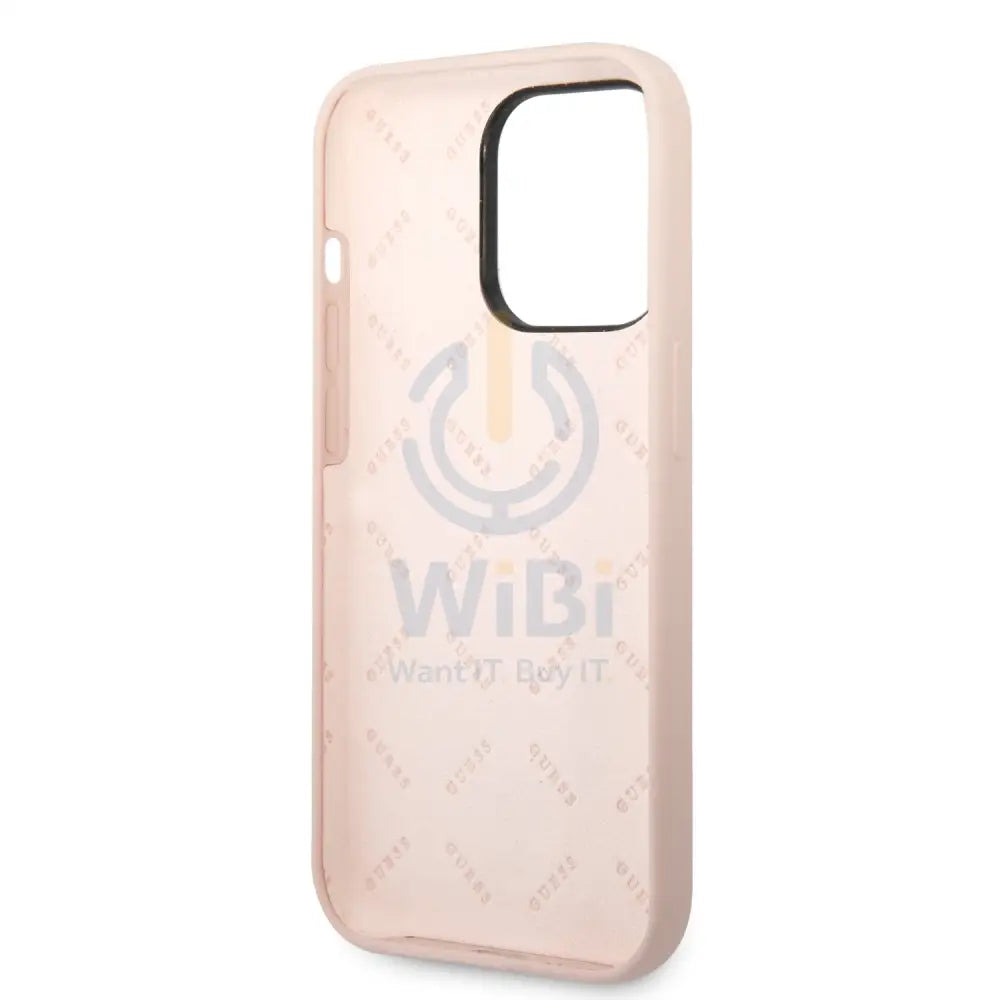 Guess Apple iPhone 14 Pro Liquid Silicone Case With Shiny Line & Metal Triangle Tone Logo - Pink Accessories > Mobiles