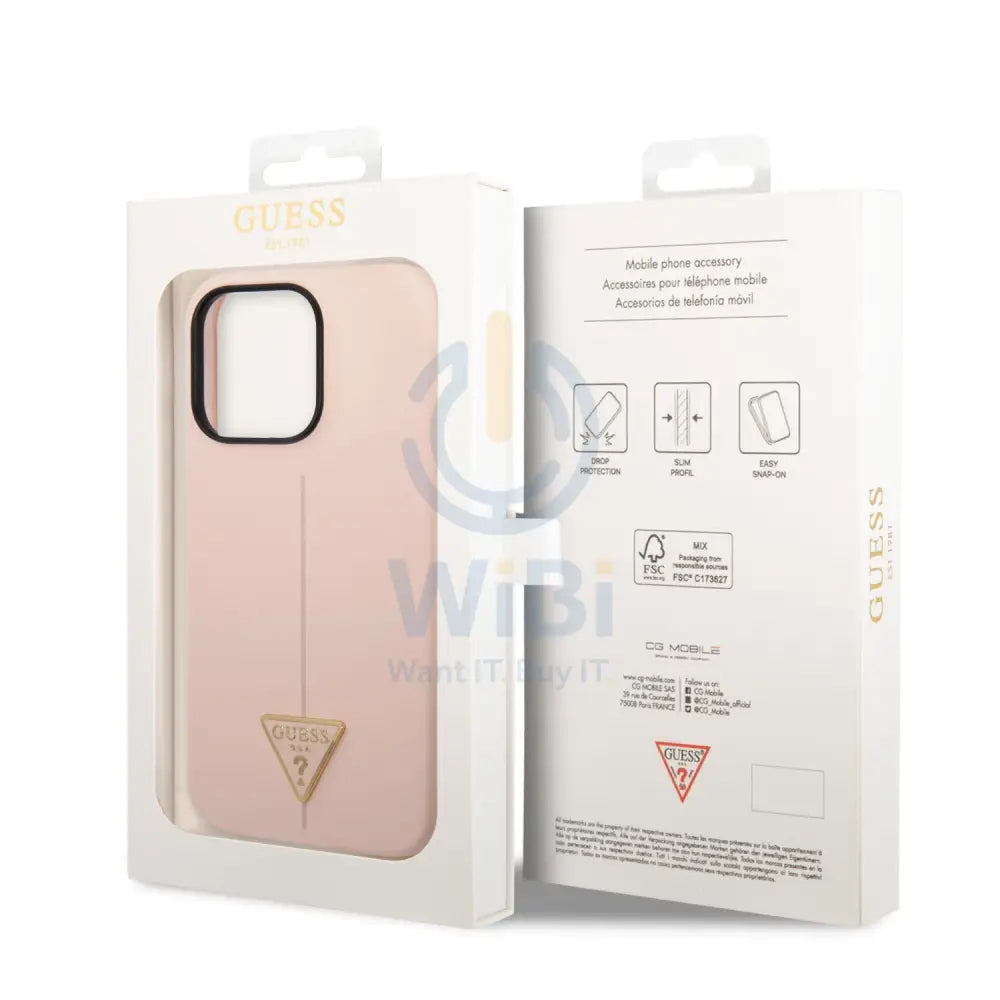 Guess Apple iPhone 14 Pro Liquid Silicone Case With Shiny Line & Metal Triangle Tone Logo - Pink Accessories > Mobiles