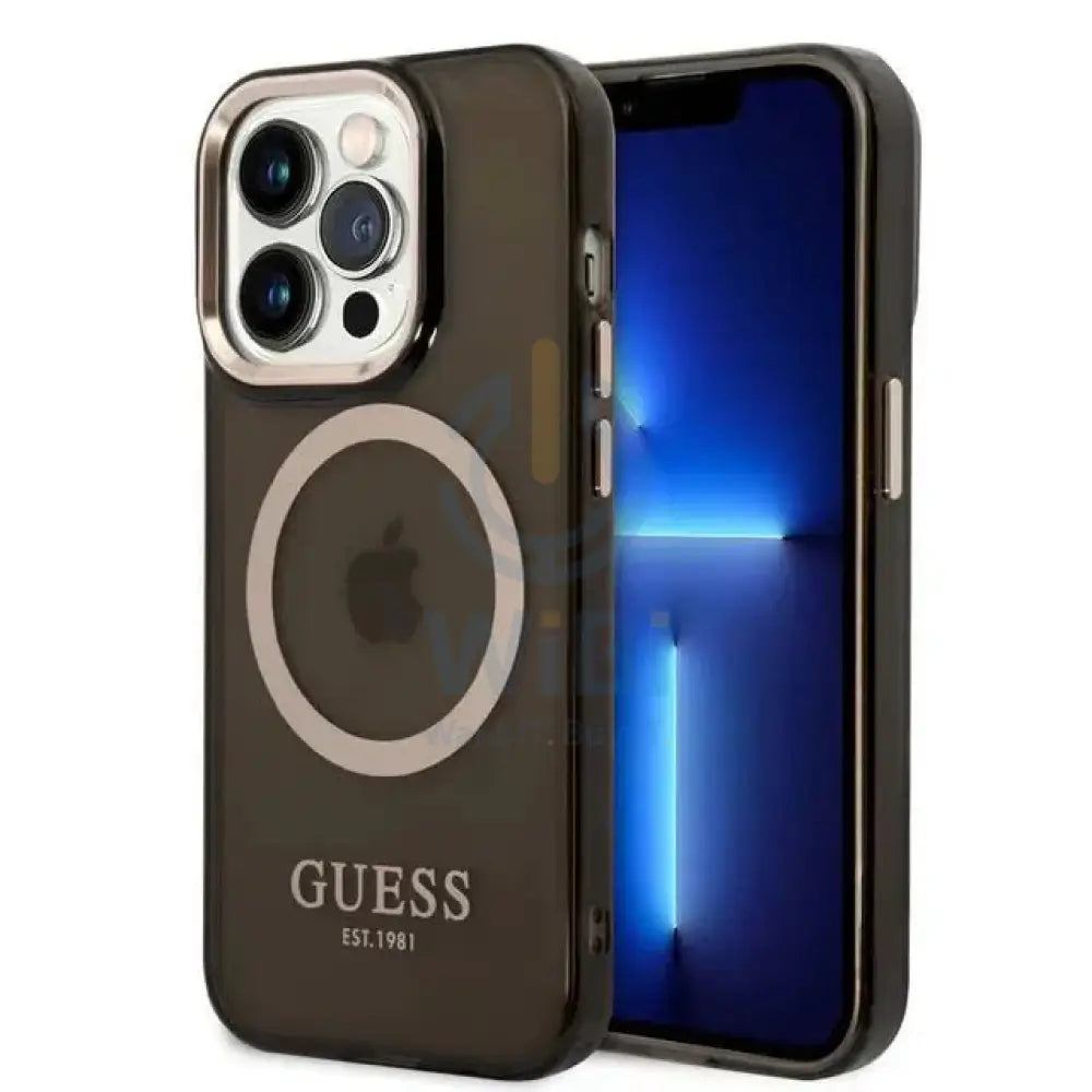 Guess Apple iPhone 14 Pro Magsafe Compatible Translucent Gold Outline & Logo - Black Accessories > Mobiles & Tablets >