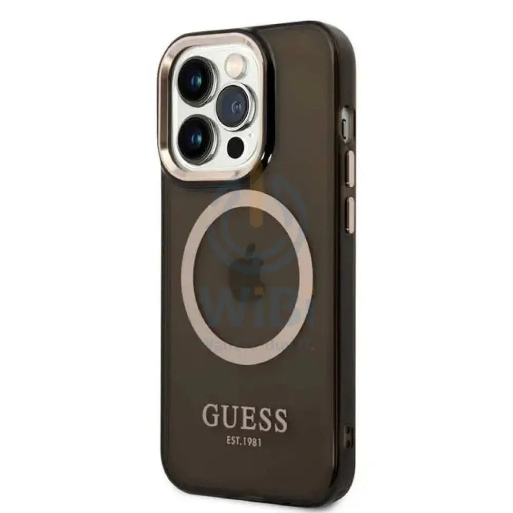 Guess Apple iPhone 14 Pro Magsafe Compatible Translucent Gold Outline & Logo - Black Accessories > Mobiles & Tablets >