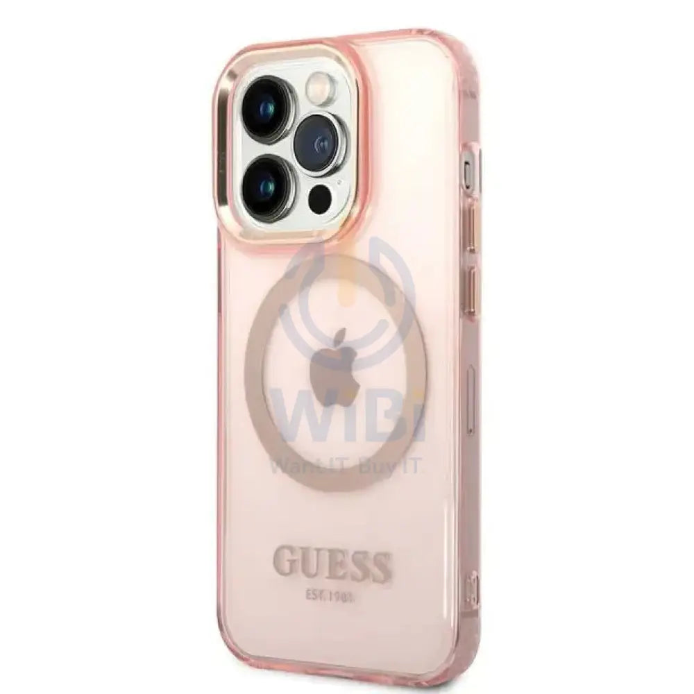 Guess Apple iPhone 14 Pro Magsafe Compatible Translucent Gold Outline & Logo - Pink Accessories > Mobiles & Tablets >