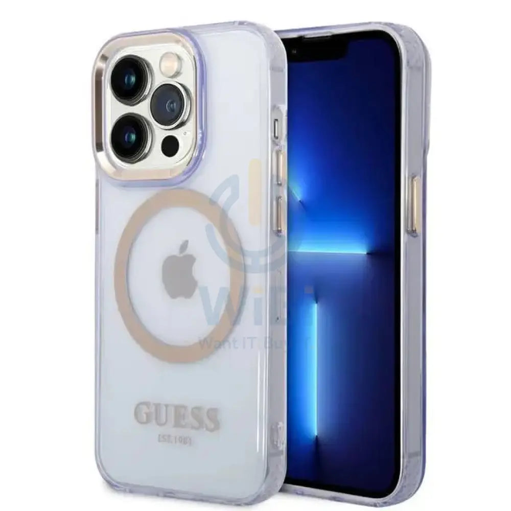 Guess Apple iPhone 14 Pro Magsafe Compatible Translucent Gold Outline & Logo - Purple Accessories > Mobiles & Tablets >