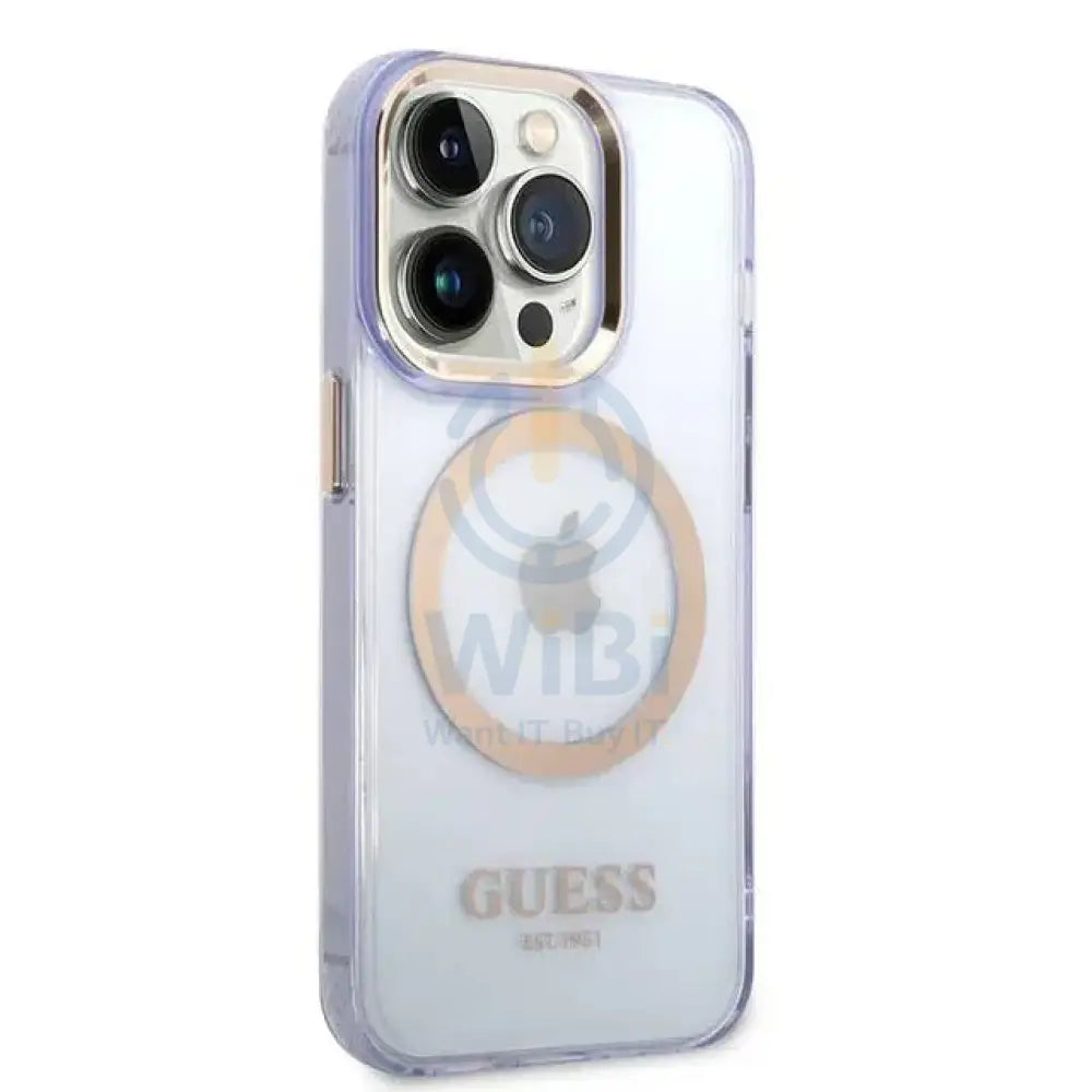 Guess Apple iPhone 14 Pro Magsafe Compatible Translucent Gold Outline & Logo - Purple Accessories > Mobiles & Tablets >