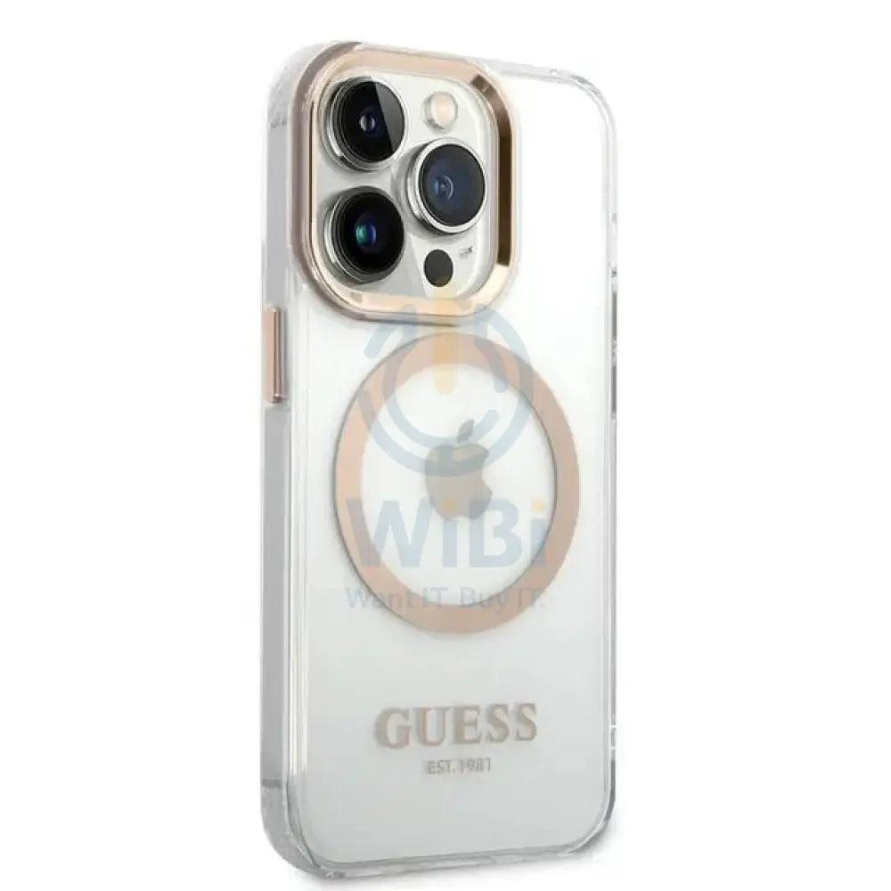 Guess Apple iPhone 14 Pro Magsafe Compatible Translucent Gold Outline & Logo - Transparent Accessories > Mobiles &
